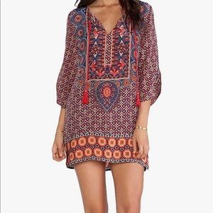 Bohemian Neck Tie Floral Print Shift Dress with 3/4 Sleeve.